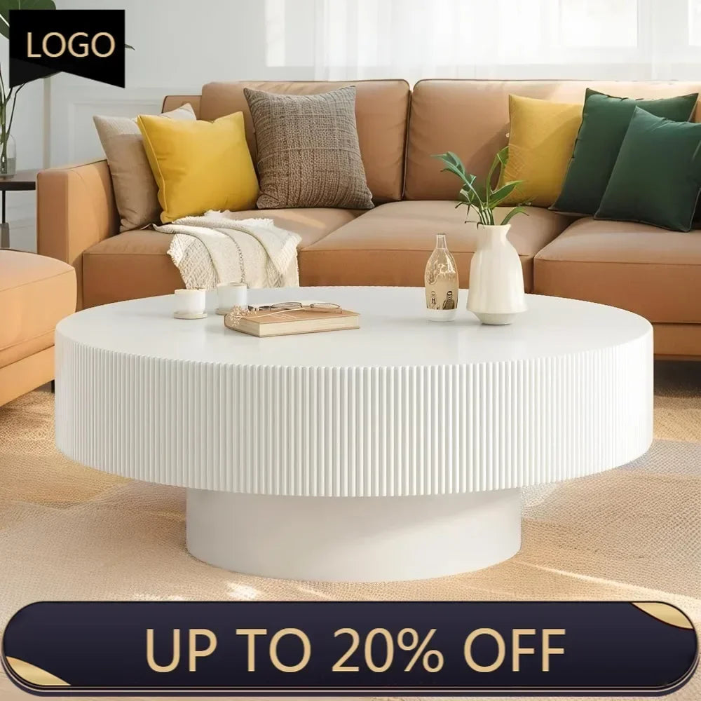 BestsellerRound Coffee Table for Living Room, Modern Wood Drum Center Table, Minimalist Fluted End Table with Sturdy Base, White