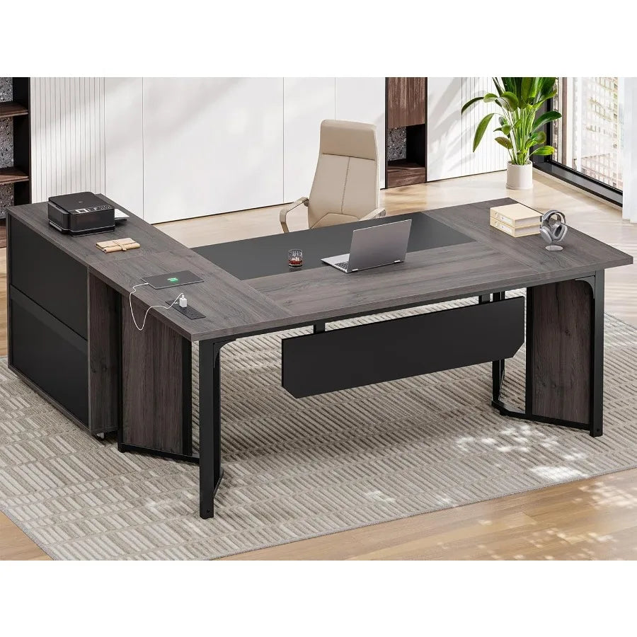 Executive Desk With Mobile File Cabinet Built In Power Outlets