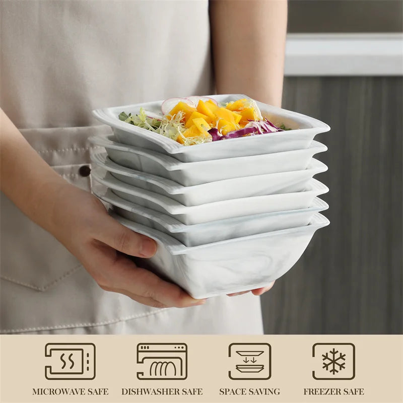 26Pcs Nordic Marble Pattern Porcelain Plates and Bowls Square Dinnerware Set Ceramic Dinner Plates Dishes Dessert Soup Plates