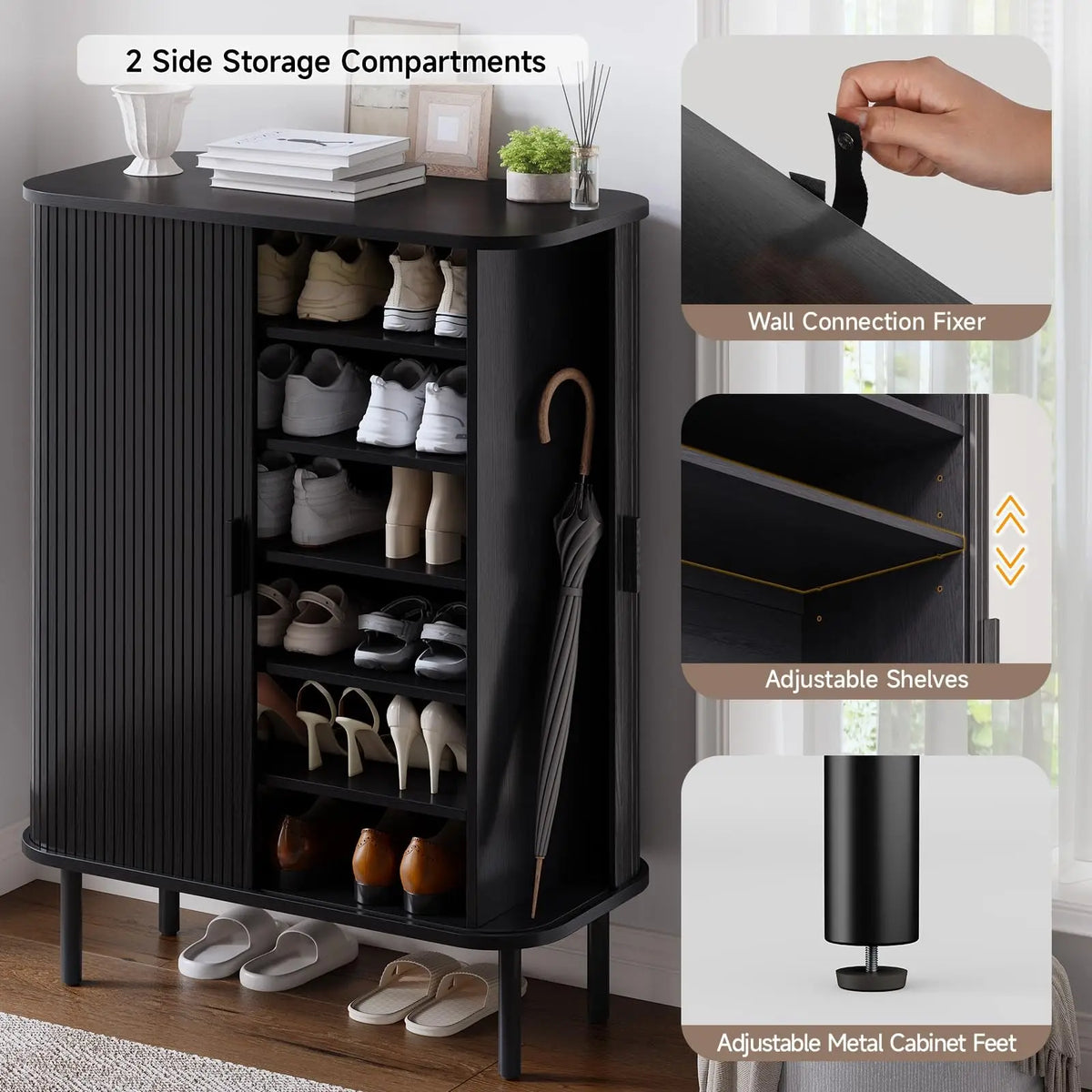 ONBRILL Fluted Six Tier Shoe Cabinet With Sliding Door