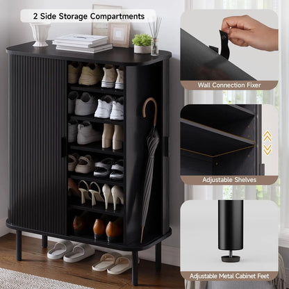 ONBRILL Fluted Six Tier Shoe Cabinet With Sliding Door