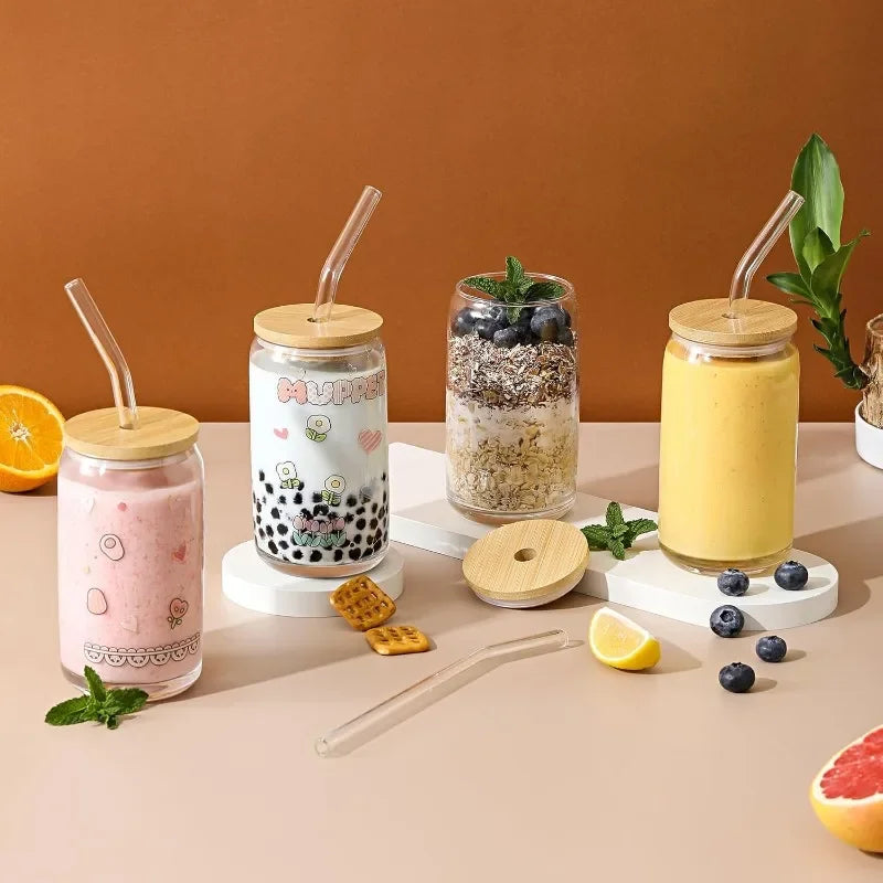 HOT [ 20pcs Set ] Glass Cups with Bamboo Lids and Glass Straw - Beer Shaped 16 oz Iced Coffee Drinking Glasses, Cute Tumbler