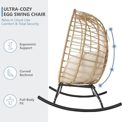Double Egg Swing Chair Outdoor Indoor 2-Person Wicker Rocking Loveseat with Cushions, Patio Lounge for Balcony Backyard