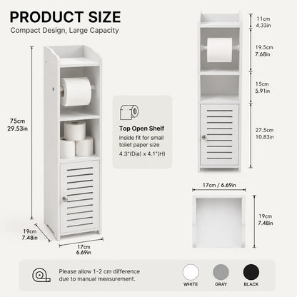 Slim Bathroom Storage Cabinet with Toilet Paper Holder, Narrow PVC Floor Storage Organizer with Shelves and Door, Space-Saving Freestanding Toilet Paper Storage Rack for Small Bathrooms