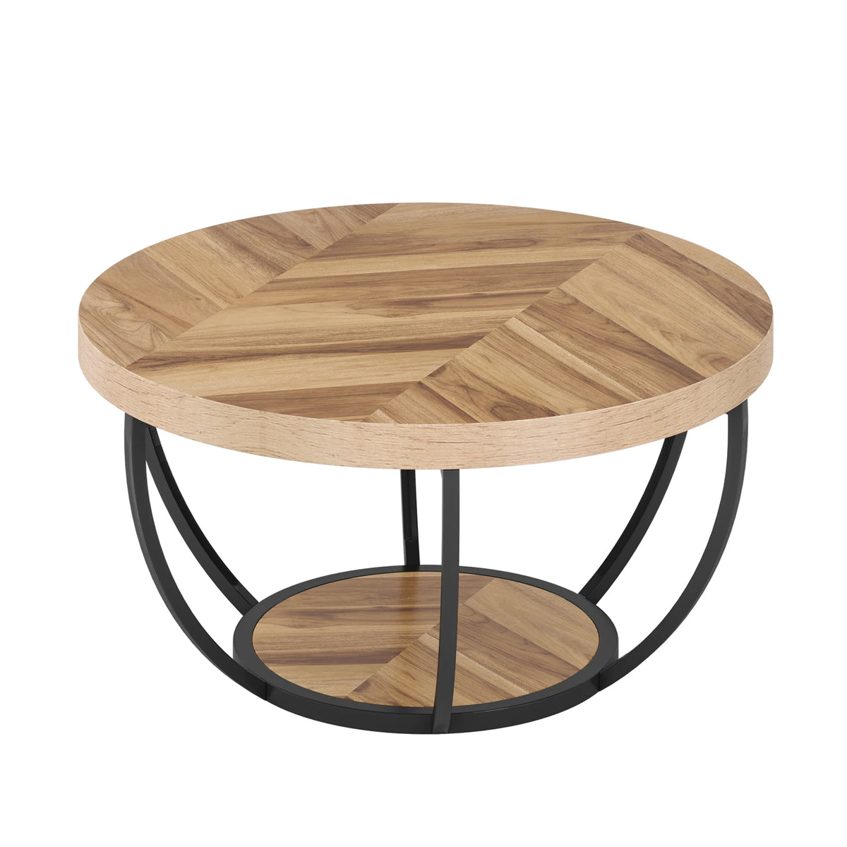 Tribesigns Industrial Round Coffee Table With Two Tier Storage Shelves