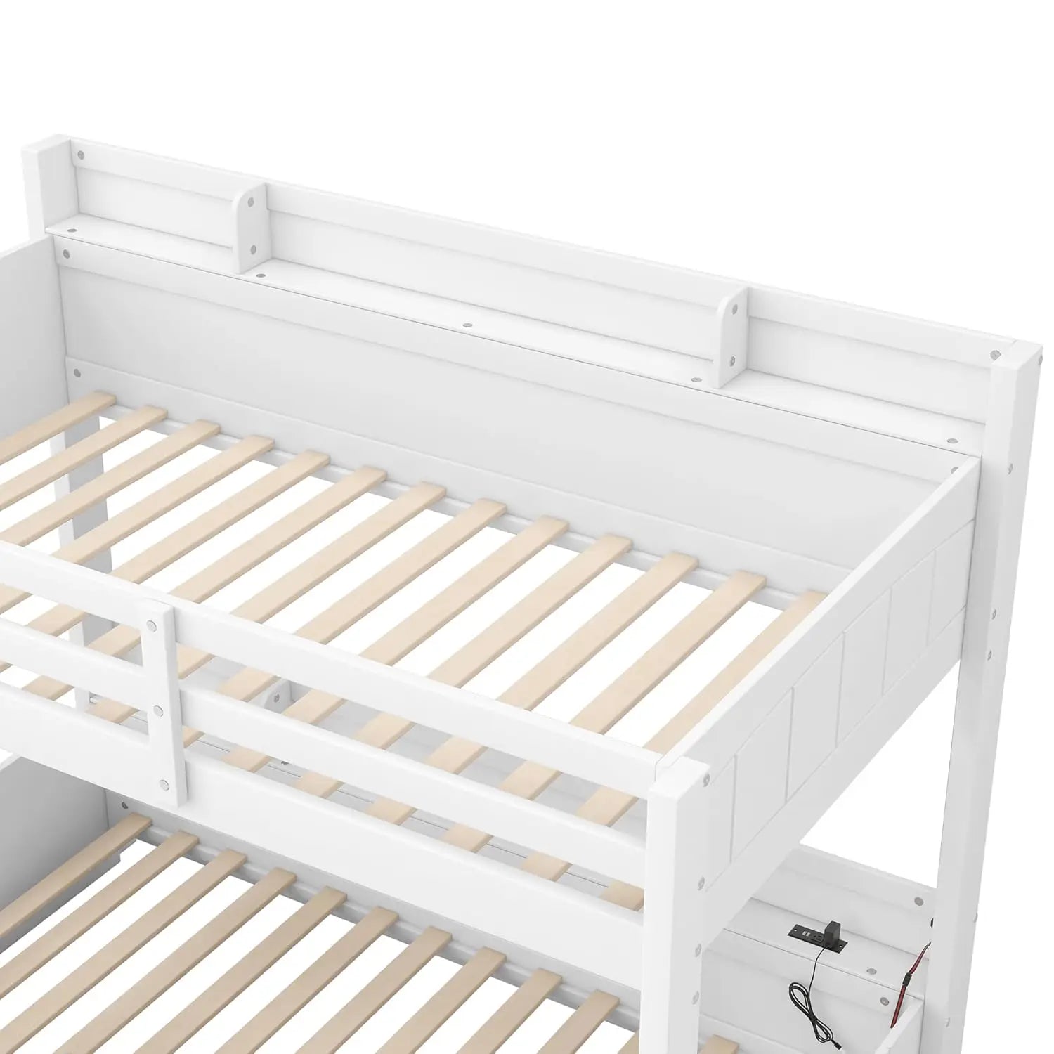 Twin Over Full Bunk Bed with Storage Shelves LED Charging Station &amp; Drawer Solid Wood for Kids Teens Adults White, Customized