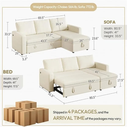 XIUWO L Shaped Sectional Sleeper Sofa Bed With Chaise Storage