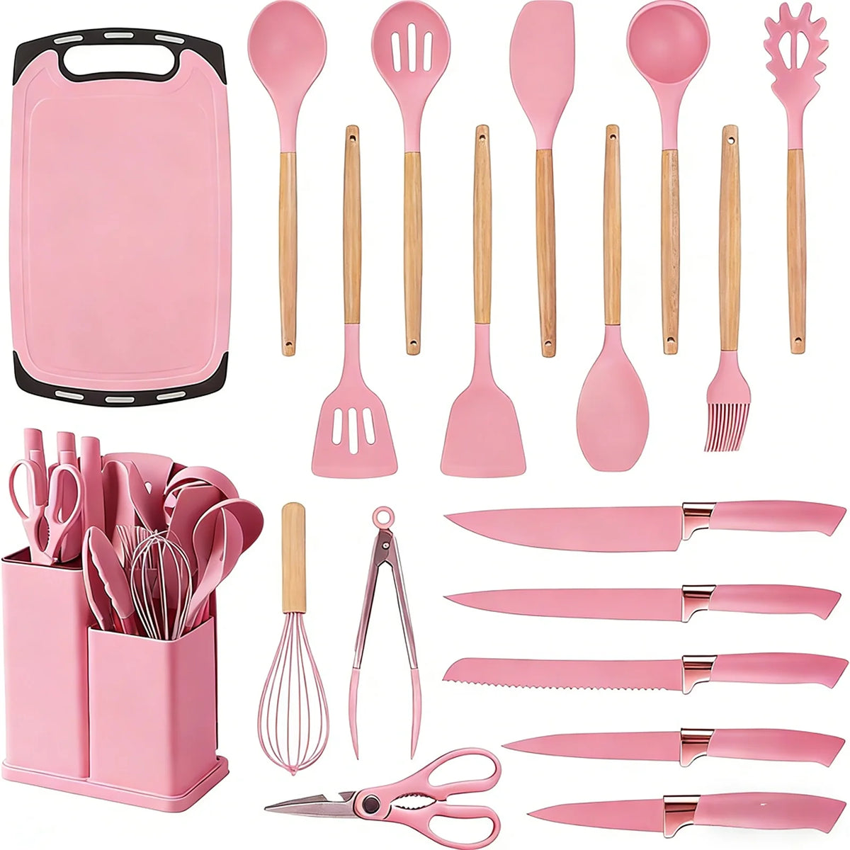 19PCS Silicone Kitchen Utensils Set with Wooden Handle Heat Resistant Nonstick Cooking Tools with Knife Set &amp; Utensil Holder
