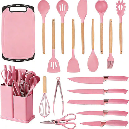 19PCS Silicone Kitchen Utensils Set with Wooden Handle Heat Resistant Nonstick Cooking Tools with Knife Set &amp; Utensil Holder