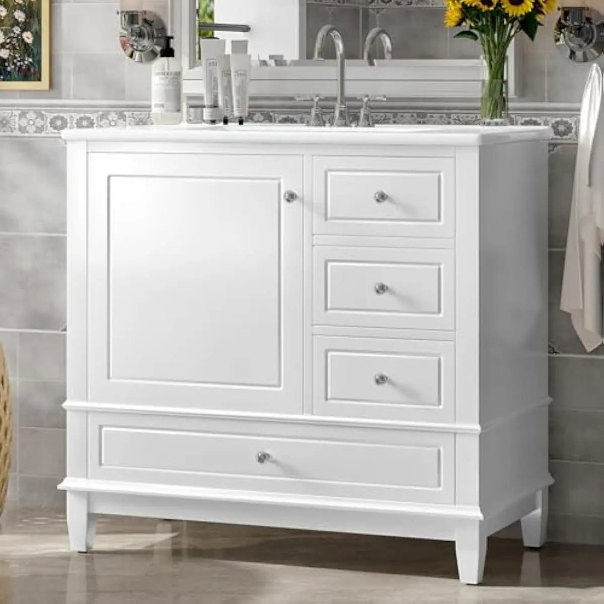 36 inch freestanding bathroom vanity with integrated ceramic sink, solid pine frame and MDF doors, three graduated drawers plus
