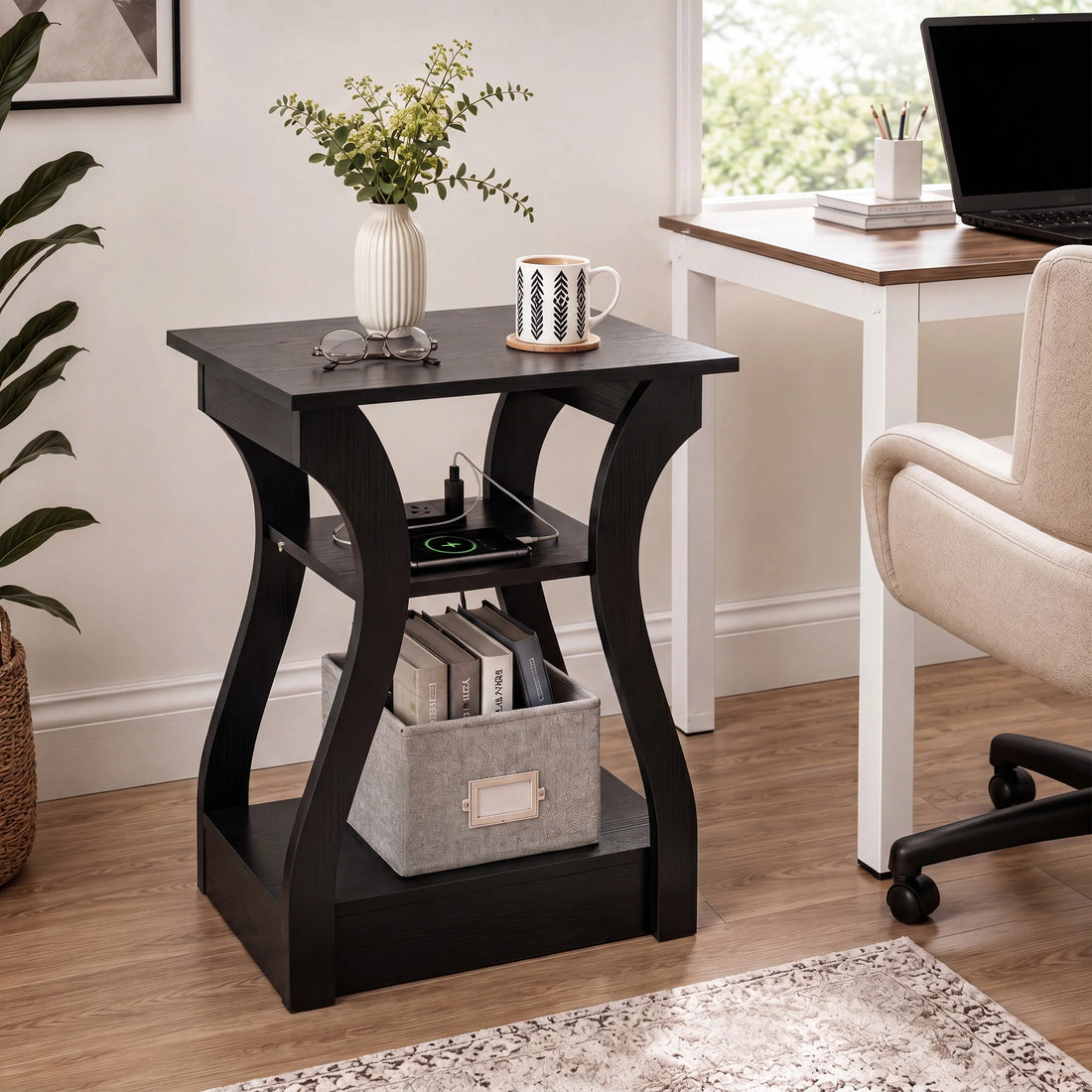 JHK Curved End Table With Charging Station And Storage Shelf