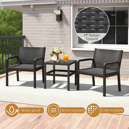 3 Piece Patio Furniture Set, Outdoor PP Rattan Wicker Furniture Set with 2 Modern Rattan Armchair and 25” Squire, Customized