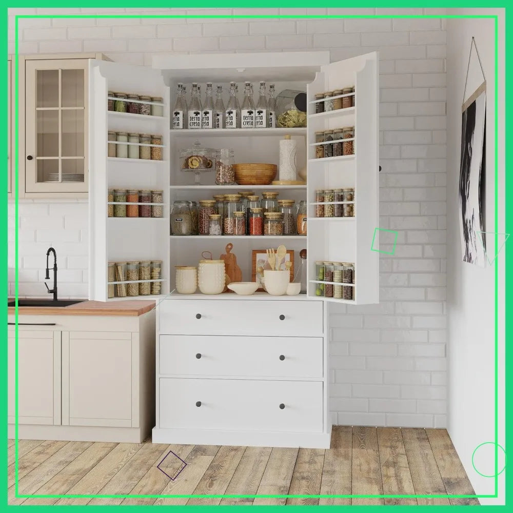 77 Inch Farmhouse Kitchen Pantry, Wood Storage Cabinet with Adjustable Shelves, Door Shelves, Drawers for Kitchen Dining Room