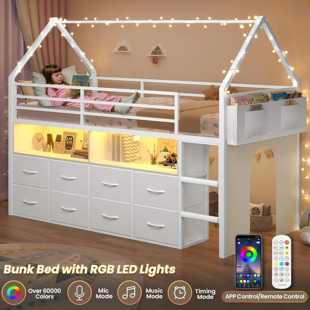 LZJV Loft Bed With Storage Drawers And LED Lights System