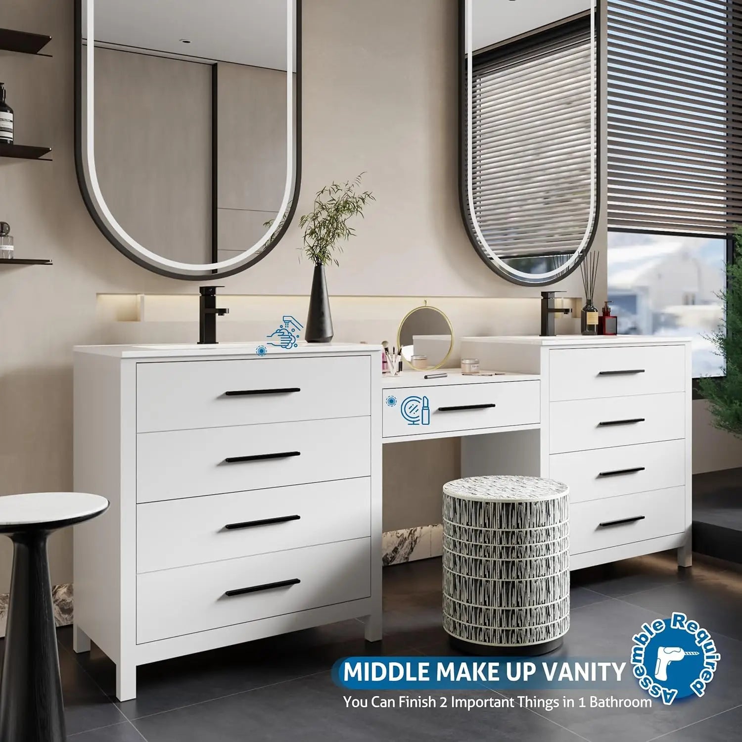 84" Modern Bathroom Vanity Sink Combo with 24" Makeup Desk 30" Dual Basins Faucets Drains White Customized