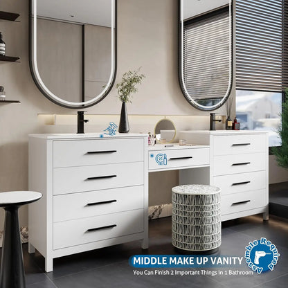 84" Modern Bathroom Vanity Sink Combo with 24" Makeup Desk 30" Dual Basins Faucets Drains White Customized