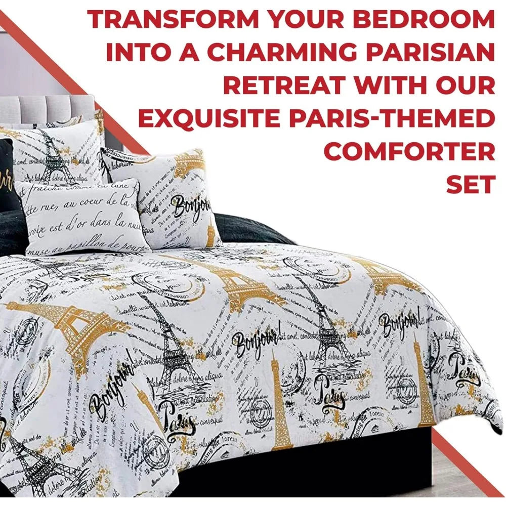 Queen Size Paris Comforter Set in a Bag - 7 Piece Paris Bedroom Comforter Set with Shams, Bedskirt Cushions, Eiffel Tower Beddi