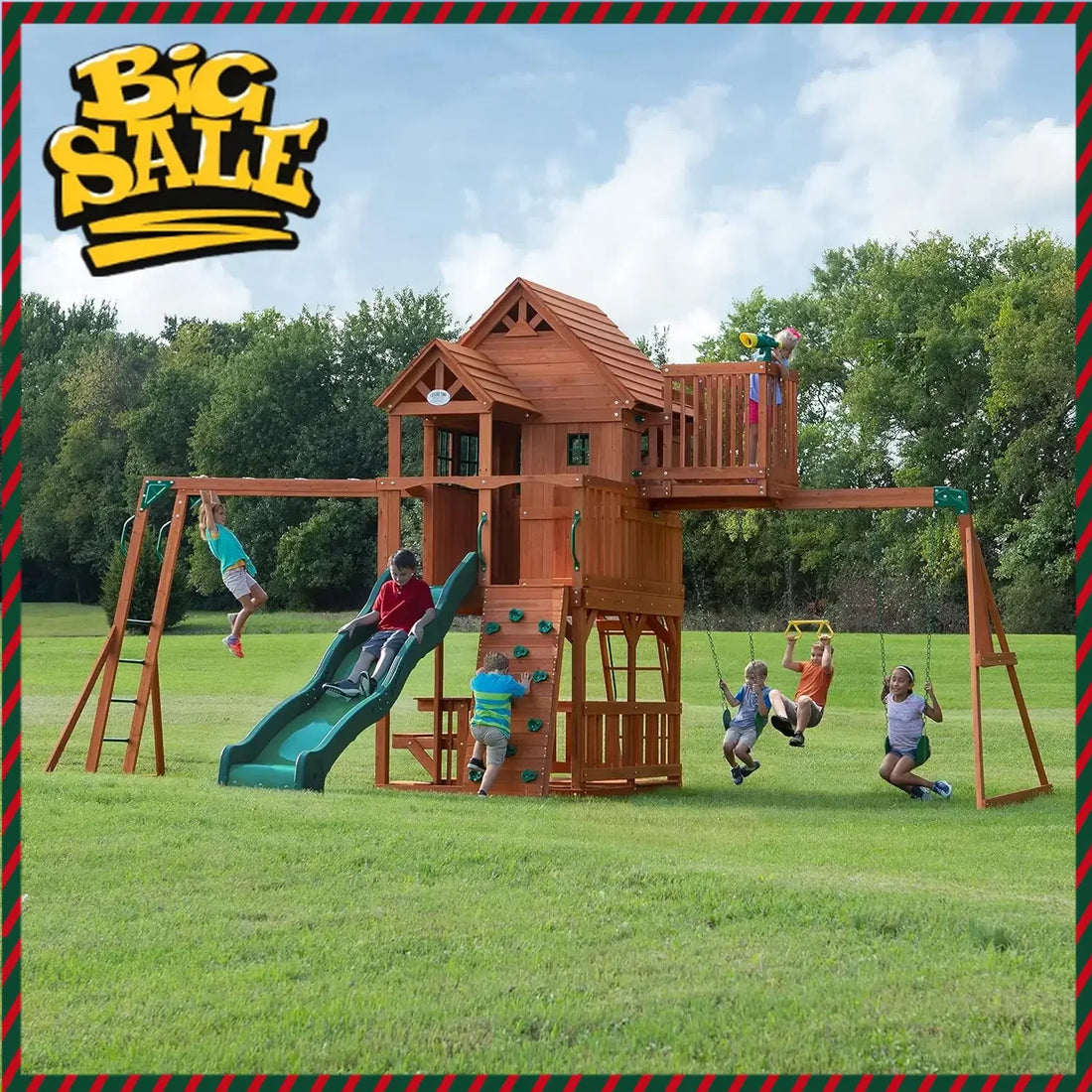 Hot SalesII Cedar Wood Swing Set with Wave Slide, Raised Clubhouse, Crow&