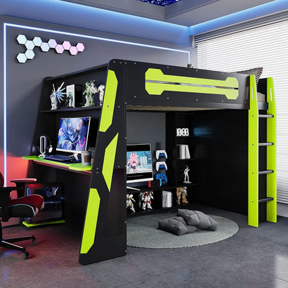 Full Wood Gaming Loft Bed Desk Storage Shelves LED Charging Station Kids Bedroom No Box Spring, Customized