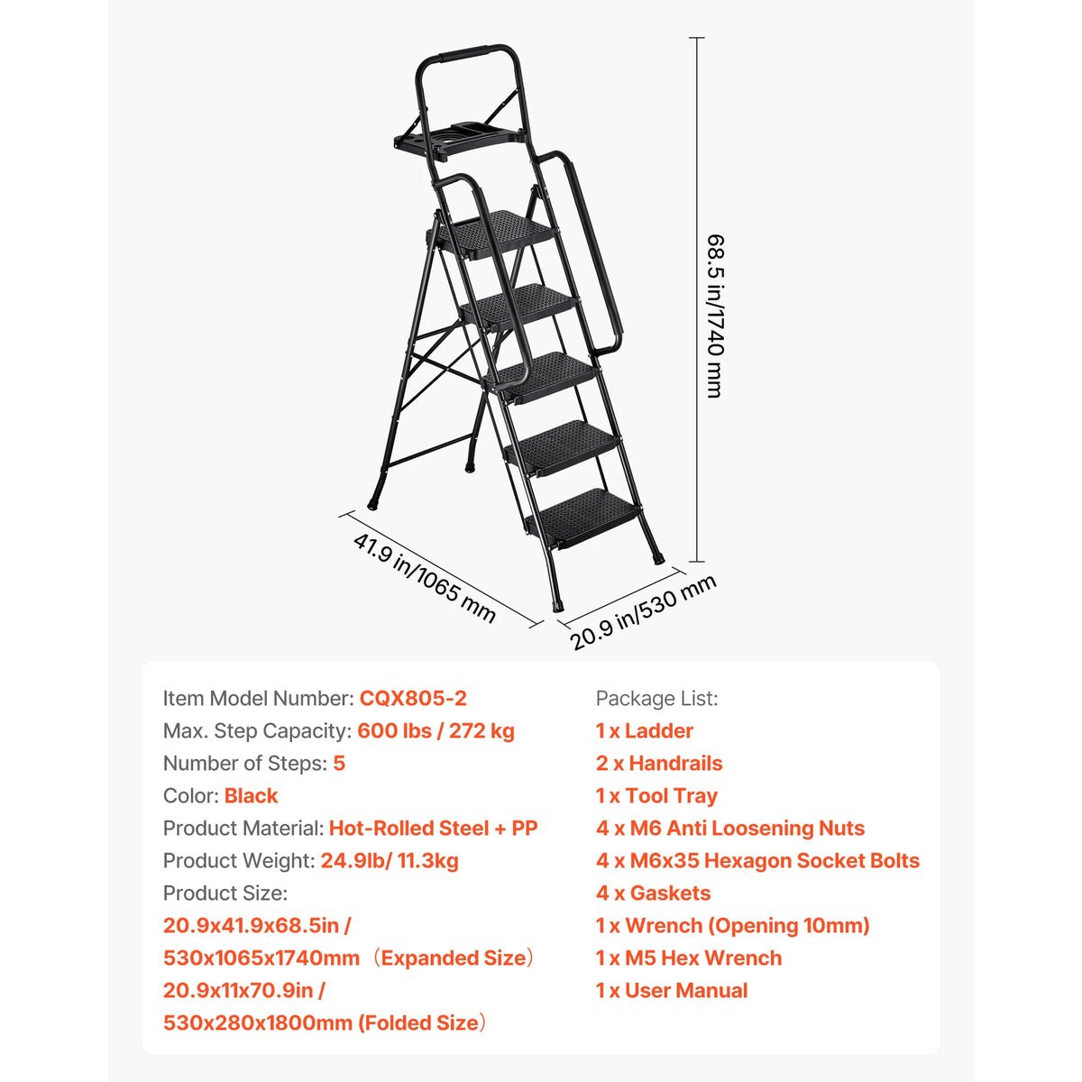 SucceBuy 2/3/4/5 Step Ladder Folding Step Stool with Wide Anti-Slip Pedal Tray Dual Side Handrails 600 home Household and Office