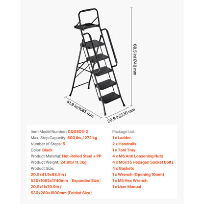SucceBuy 2/3/4/5 Step Ladder Folding Step Stool with Wide Anti-Slip Pedal Tray Dual Side Handrails 600 home Household and Office
