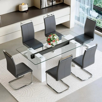 Glass Dining Table Set for 6, Modern Kitchen Table and Chairs for 6,71 in Glass Dining Table with 6 PU Leather, Customized