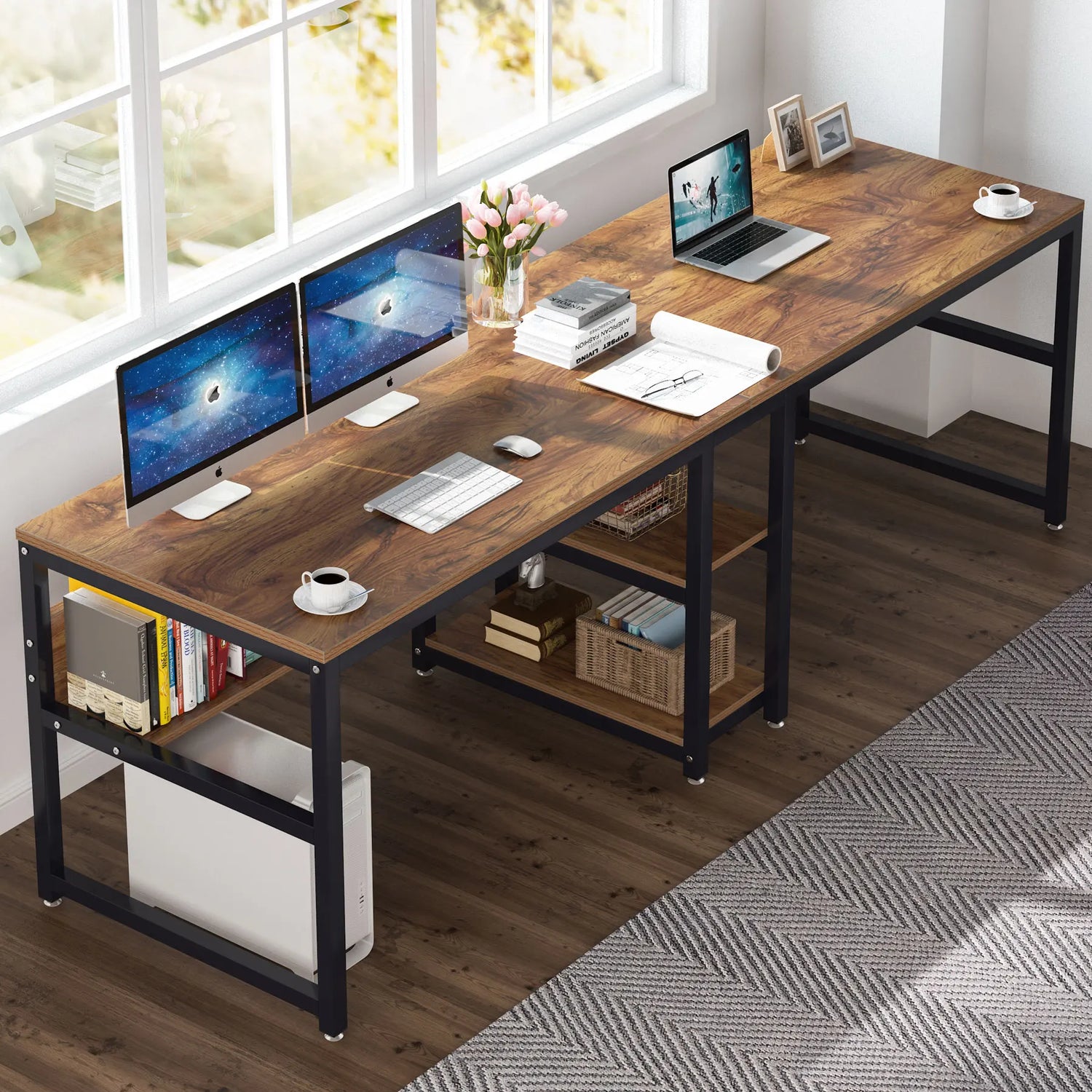 Tribesigns Two Person Desk With Bookshelf For Home Office