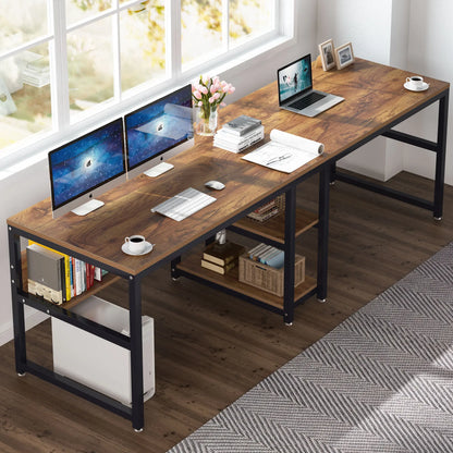 Tribesigns Two Person Desk With Bookshelf For Home Office