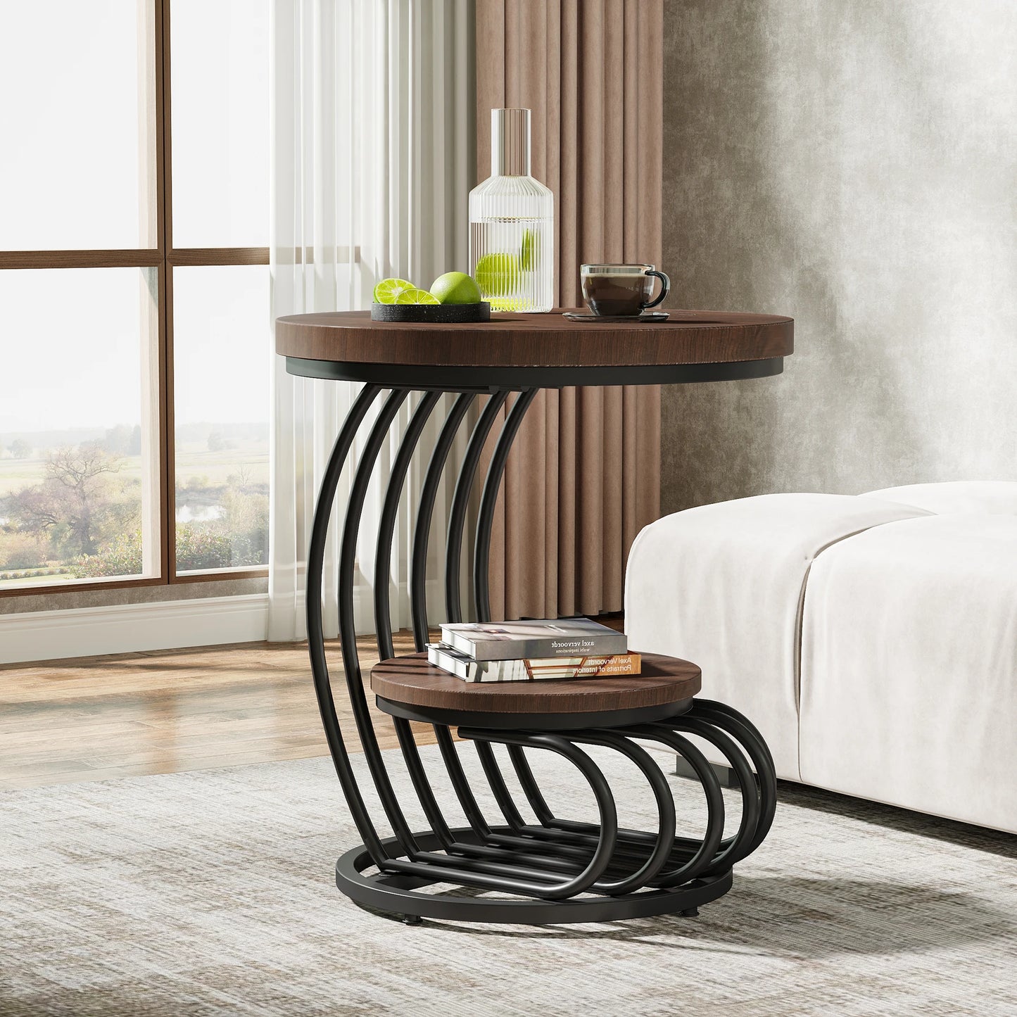 Tribesigns Round End Table With 2 Tiers Faux Marble Storage Shelf