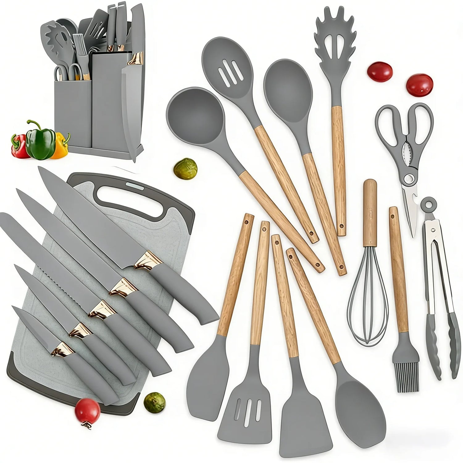19-in-1 Kitchen Knife &amp; Silicone Utensil Combo Set, Heat Resistant Cooking Tools with Detachable Storage Organizer