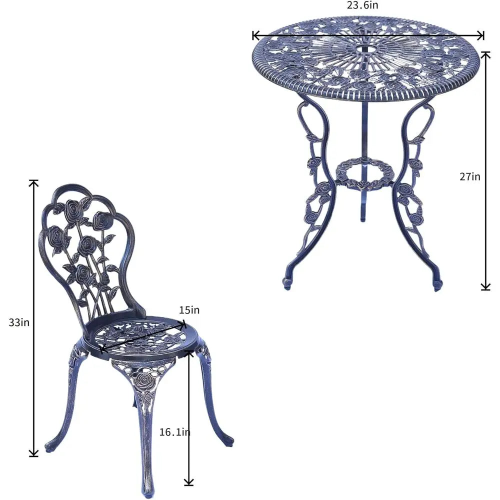 4-Piece Balcony Tables and Chairs, 1 Table, 2 Round Chairs and 1 Bench, Metal Cast, Bistro Suit, Garden Bench, Rose