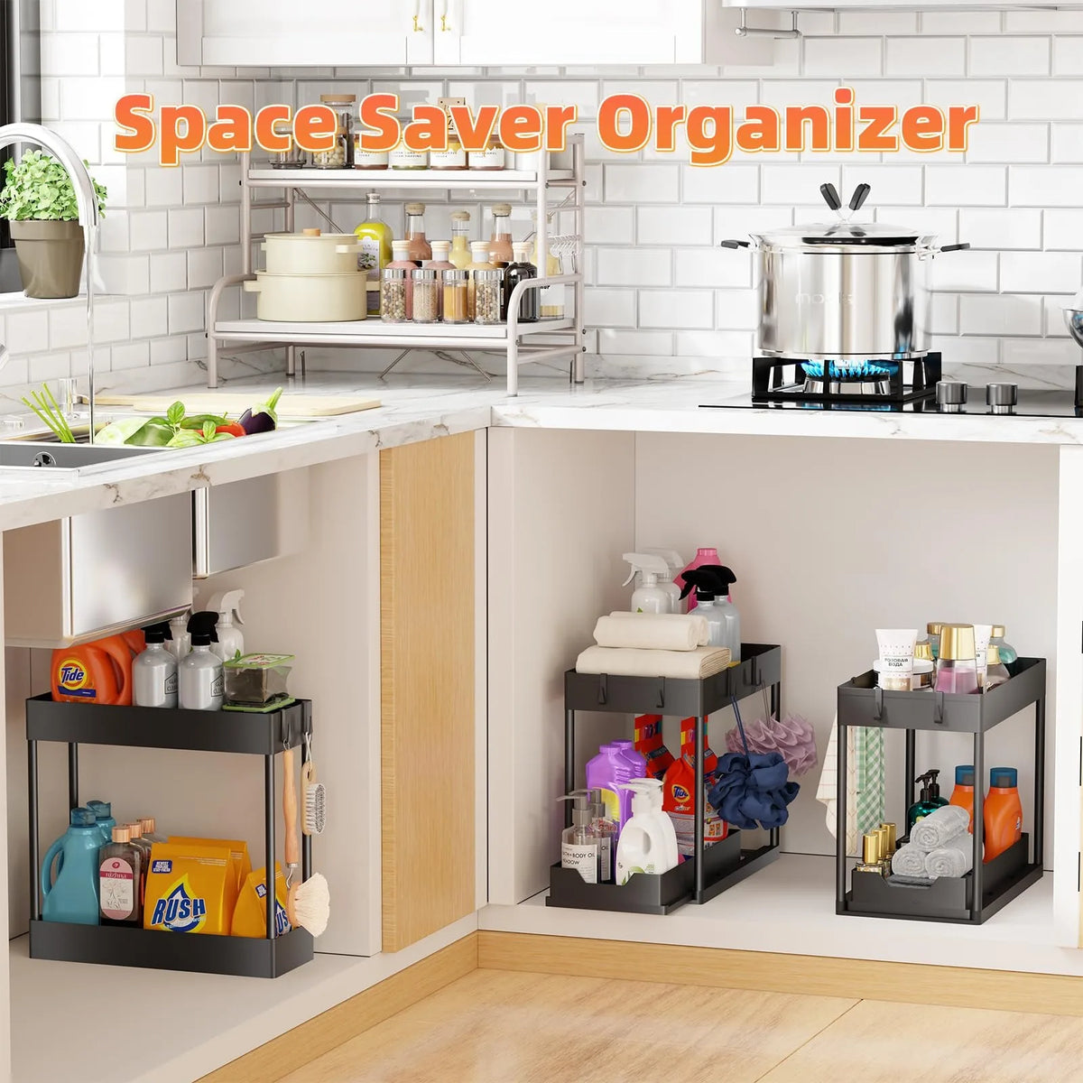 2-Pack/1-Pack 2 Under Sink Organizer 2 Tier Pull Out Sliding Cabinet Storage Rack for Your First Solo Apartment, H Shaped Design Fits Around Pipes, Smooth Glide Bottom Drawer, No Tools Assembly, Heavy Duty Metal.