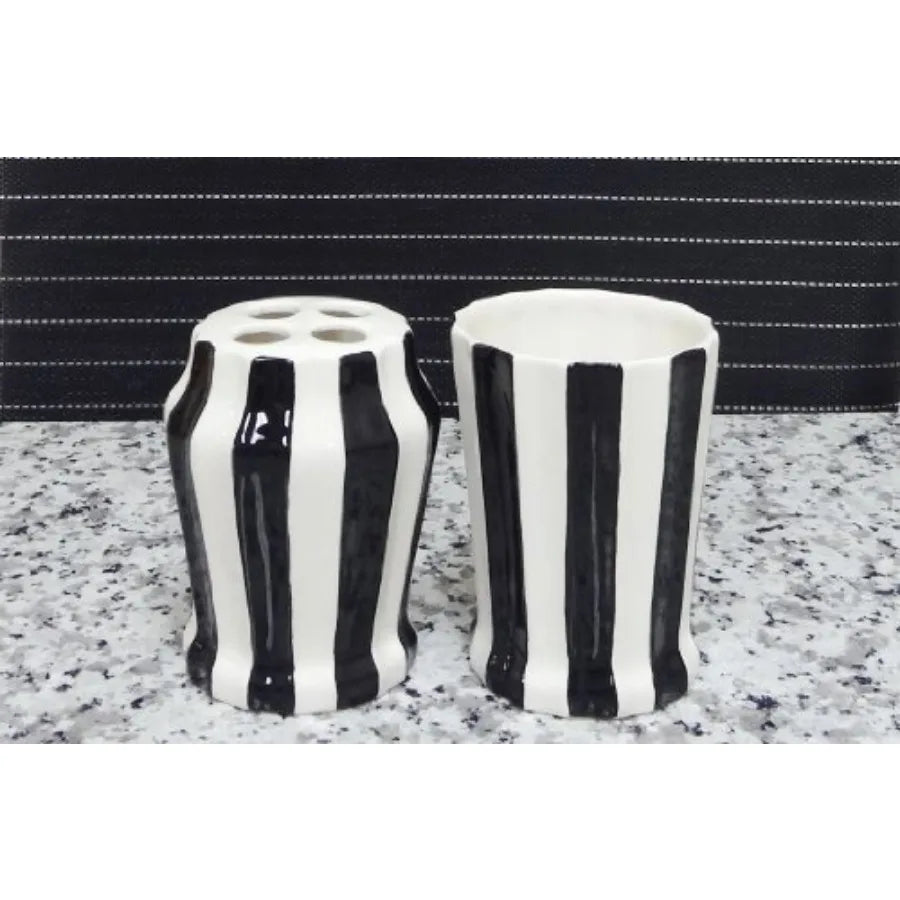 Tuscany Embossed Hand Painted Ceramic 4-Piece Bathroom Accessories Set in Striped White/Black with Premium Texture and Elegant