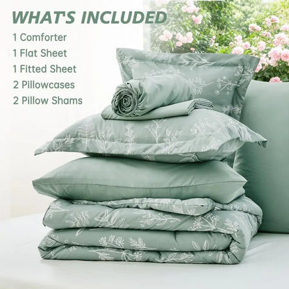 Queen Comforter Set 7 Pieces, Sage Green Bed in a Bag Queen Reversible Botanical Flowers Design, Ultra Soft amp Breathable Beddi