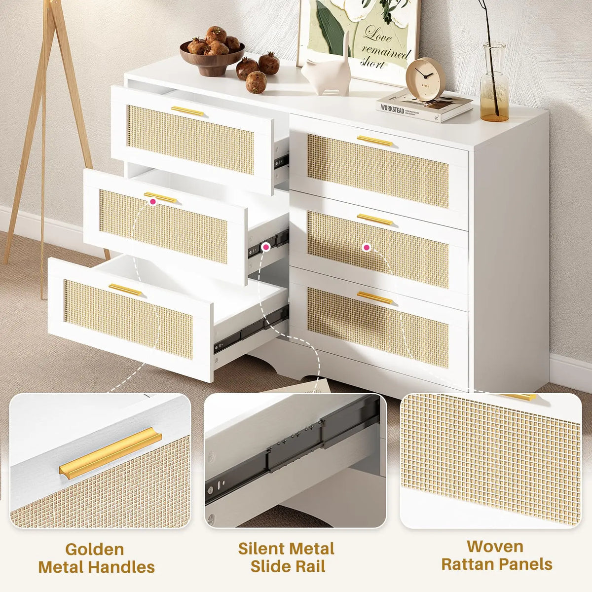 Rattan Six Drawer Dresser for Bedroom and Living Room Storage
