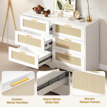 Rattan Six Drawer Dresser for Bedroom and Living Room Storage