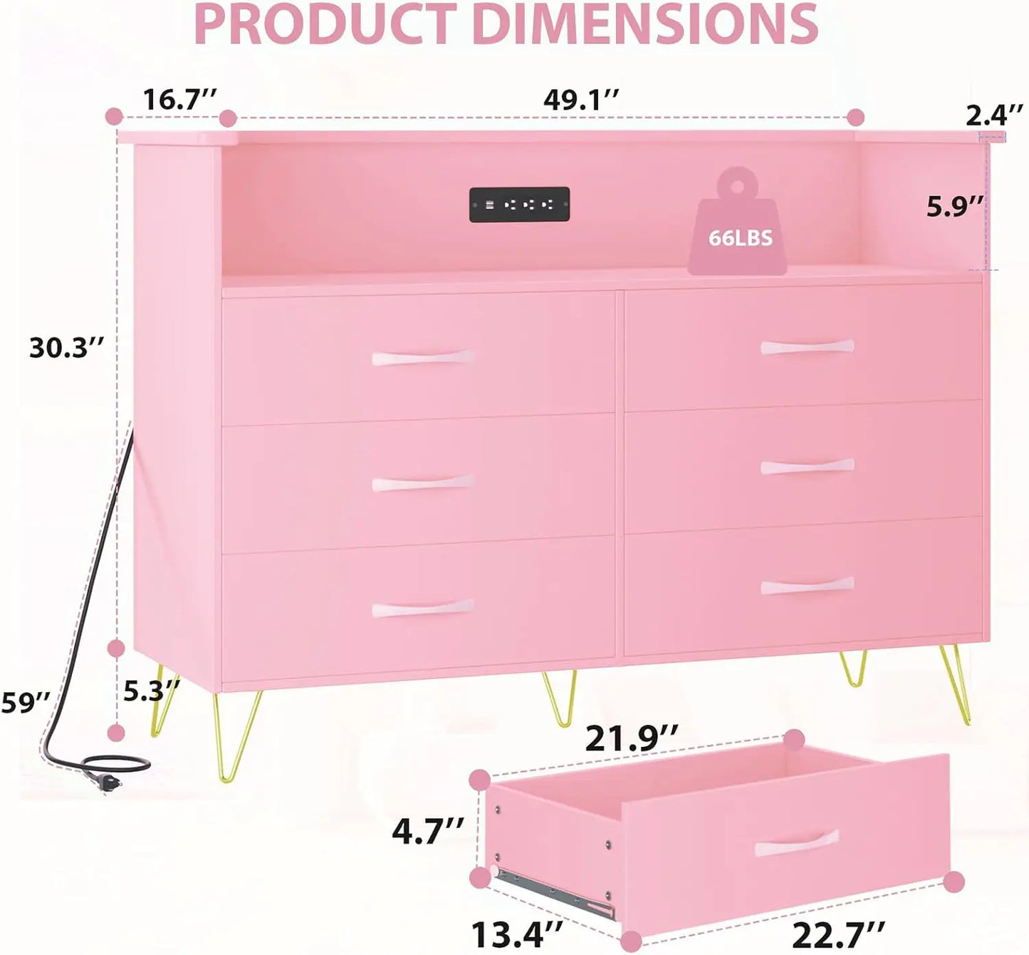 Pink Dresser with LED Light for Bedroom 6 Drawer Dressers with Charging Station Chests of Drawers Sturdy Steel Frame Wooden Top
