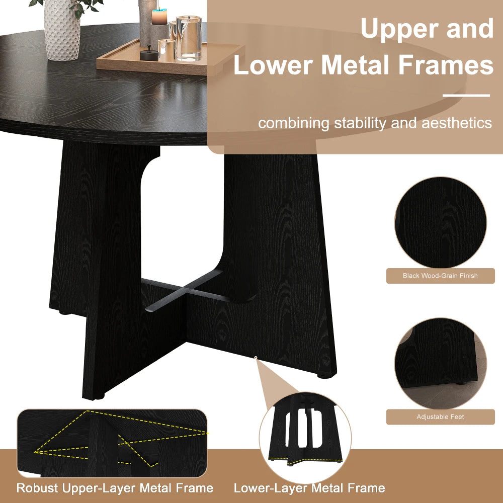 5 Piece Round Dining Table Set for 4, 47 Inch Farmhouse Kitchen Table with 4 Chairs, Black Wood Grain Finish, PU Leather Seats, Easy Assembly