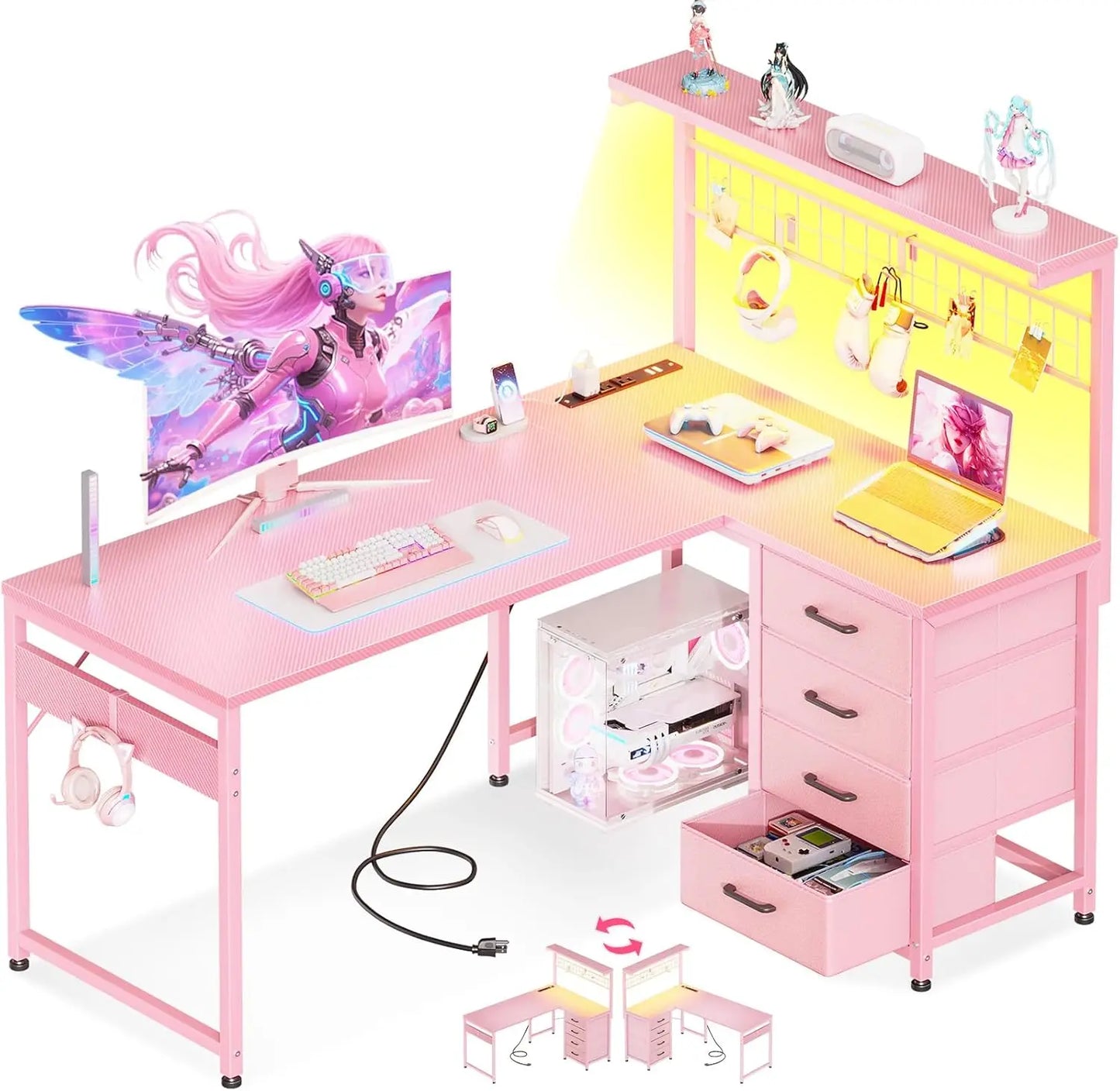 L Shaped Gaming Desk With LED Light Power Outlet Shelves