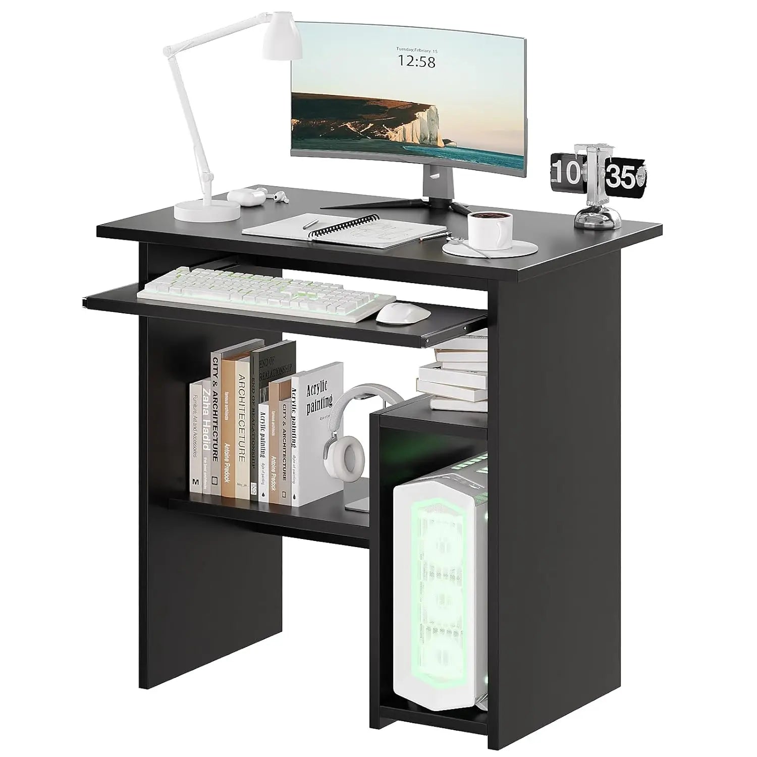 30" Small Computer Desk with Keyboard Tray Monitor Stand, Study Writing Desk with Storage Shelves, Modern Workstation for Small
