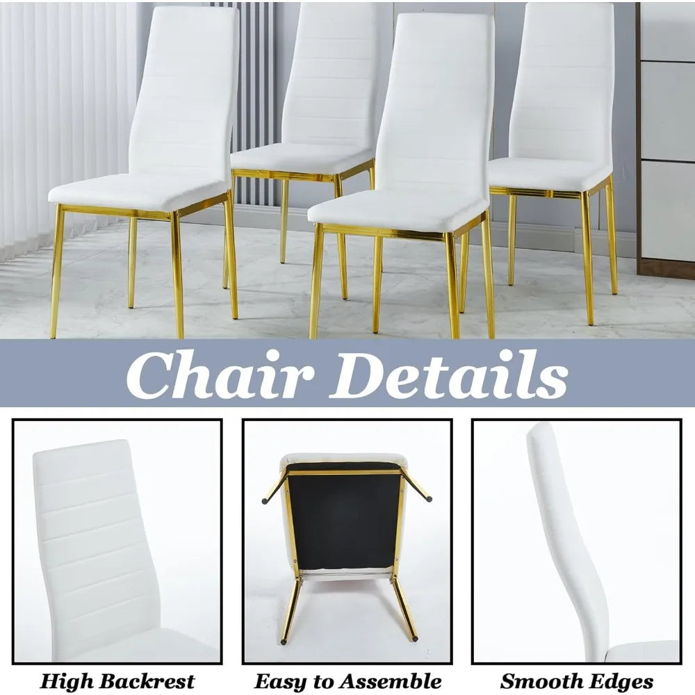White Dining Chairs Set of 4 with Gold Legs,Metal Kitchen Chairs Armless,Modern Kitchen Chair Set of 4 for Dining Room,High Back