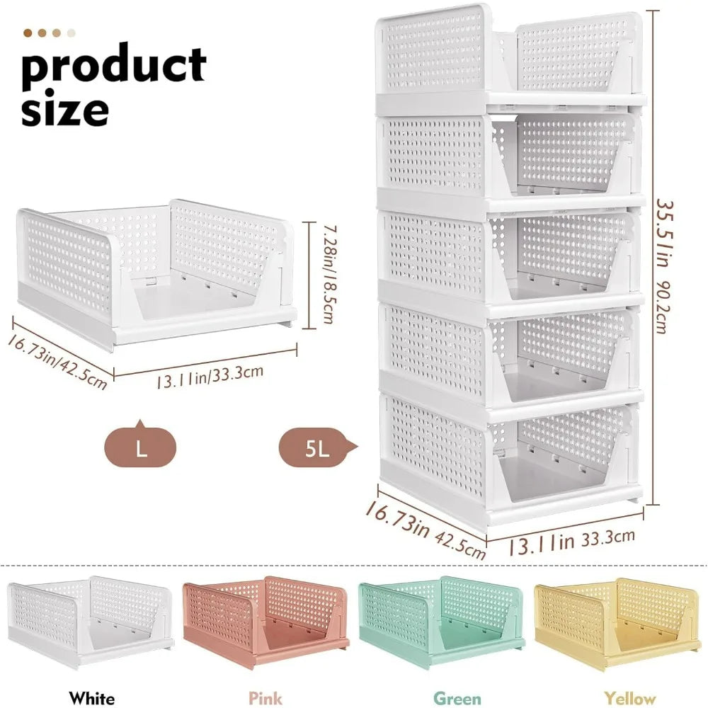 SNSLXH 5 Pack Stackable Closet Storage Basket Multifunctional &amp; Foldable Closet Organizer for Bathroom Kitchen Laundry Room