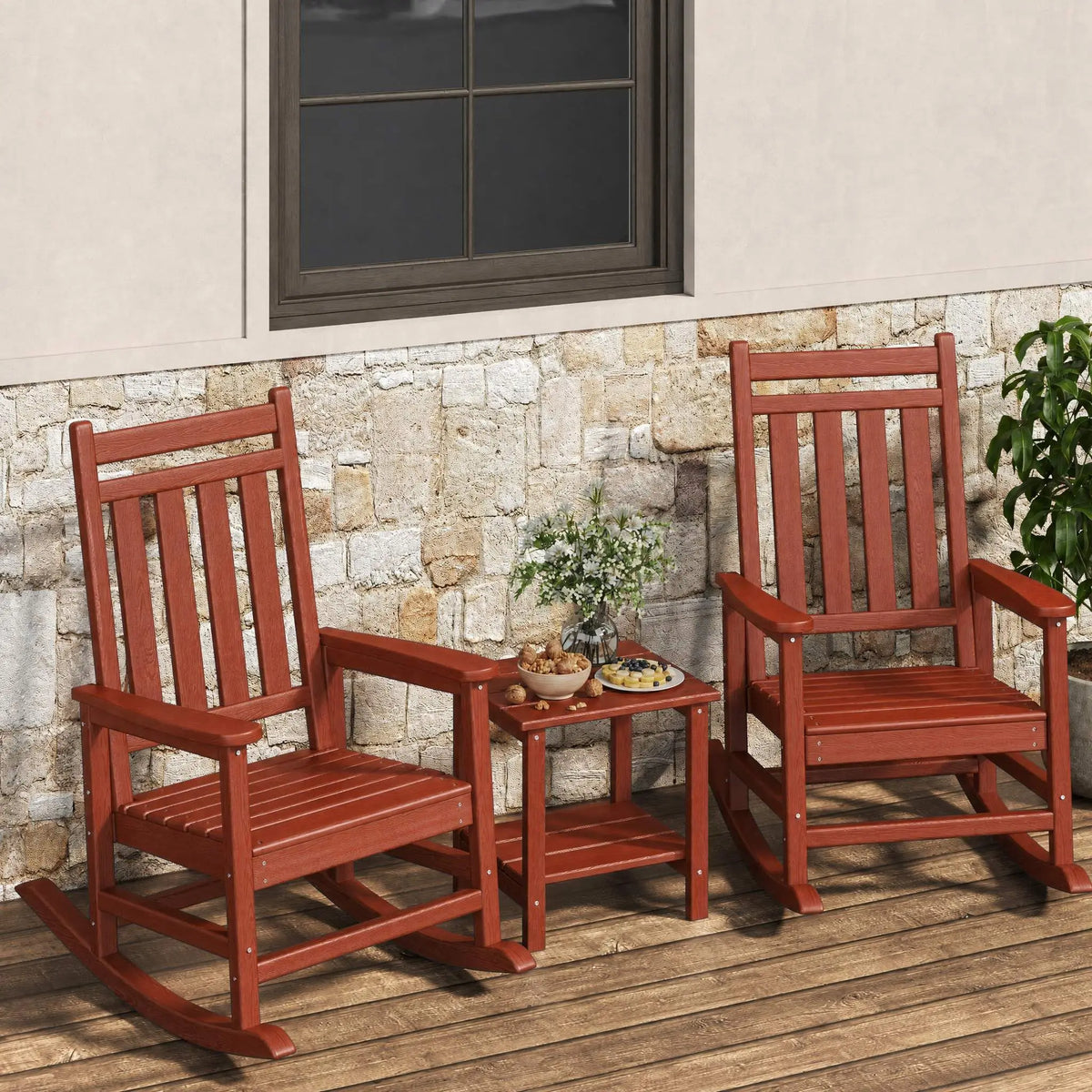 Outdoor Rocking Chairs Set of 2 with Side Table – HDPE High Back Patio Rocker, All-Weather Porch &amp; Garden Furniture