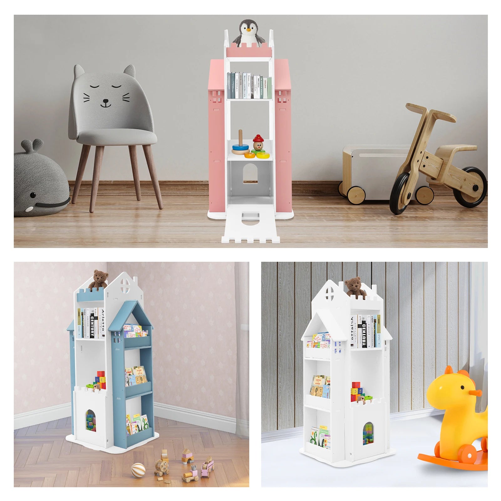Rotating Kids Bookshelf 7 Tier Castle Design Book Toy Storage Organizer Book Display Shelf for Home Bedroom,3 Colors