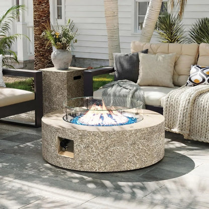 42-inch Outdoor Propane Gas Fire Pit Table 50000 BTU Concrete Round FirePit for Outside Patio with Propane Tank Cover, Wind Guad