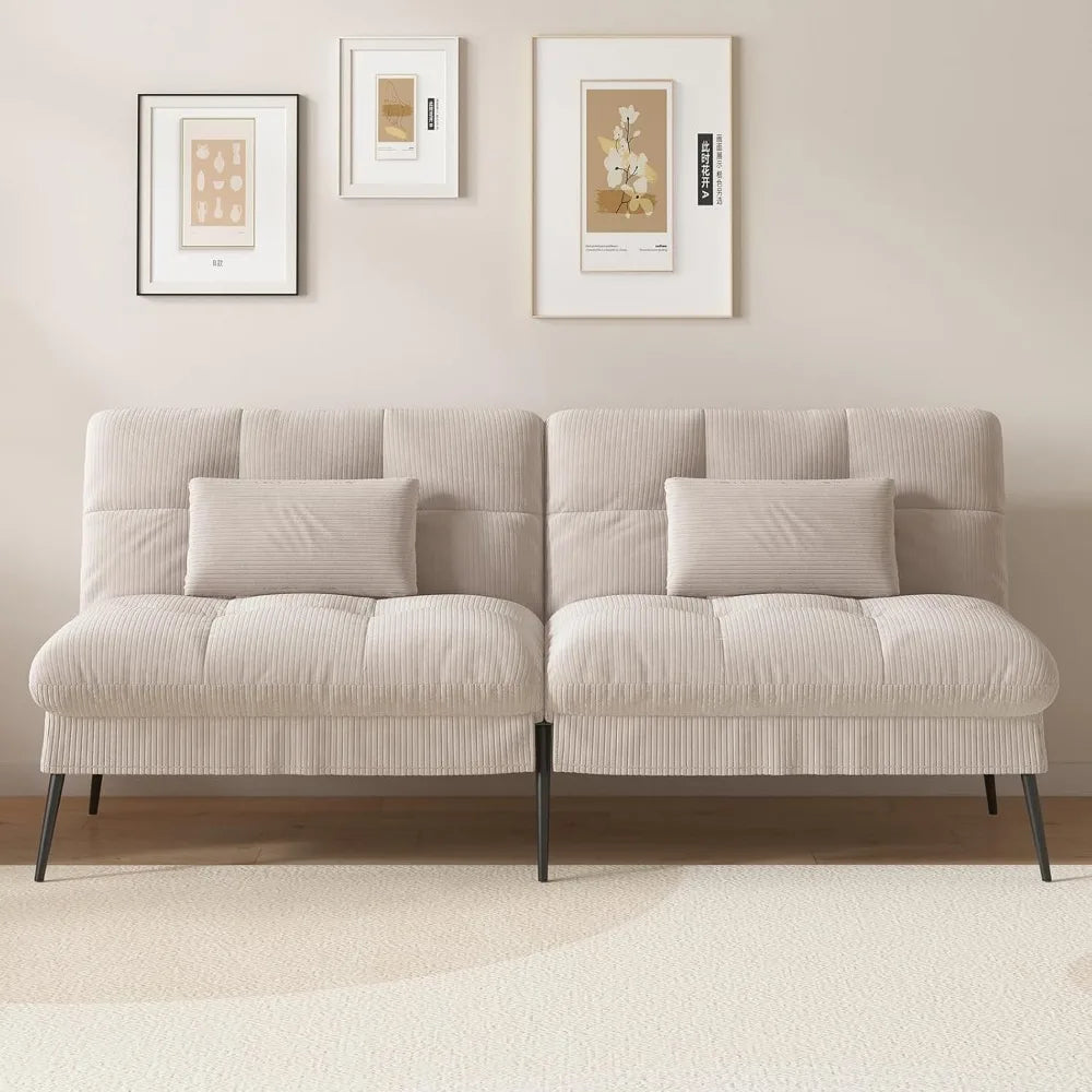 Convertible Futon Sofa Bed, 68" Corduroy Futon Couch with Adjustable Backrest, Folding Loveseat for Living Room, Bedroom (Cream