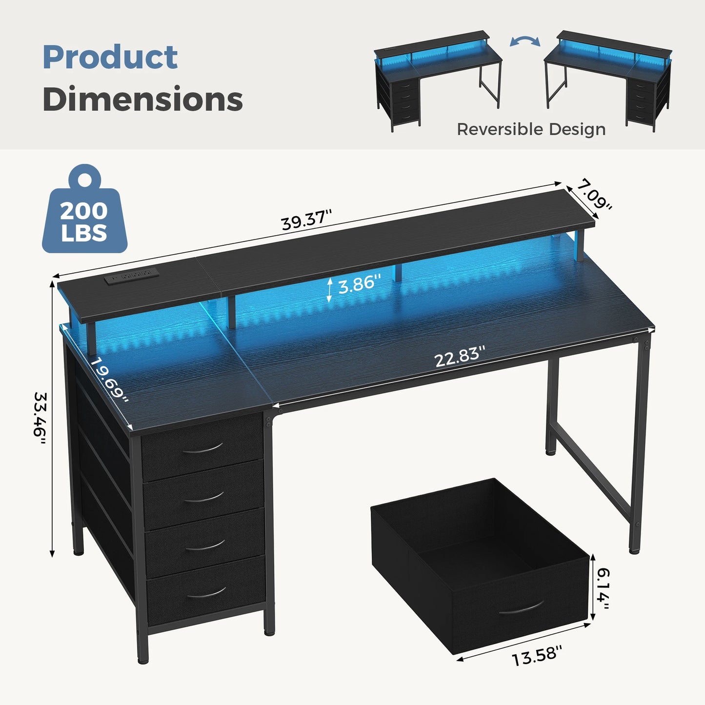 JHK Gaming Computer Desk With Storage Drawers And LED Lights