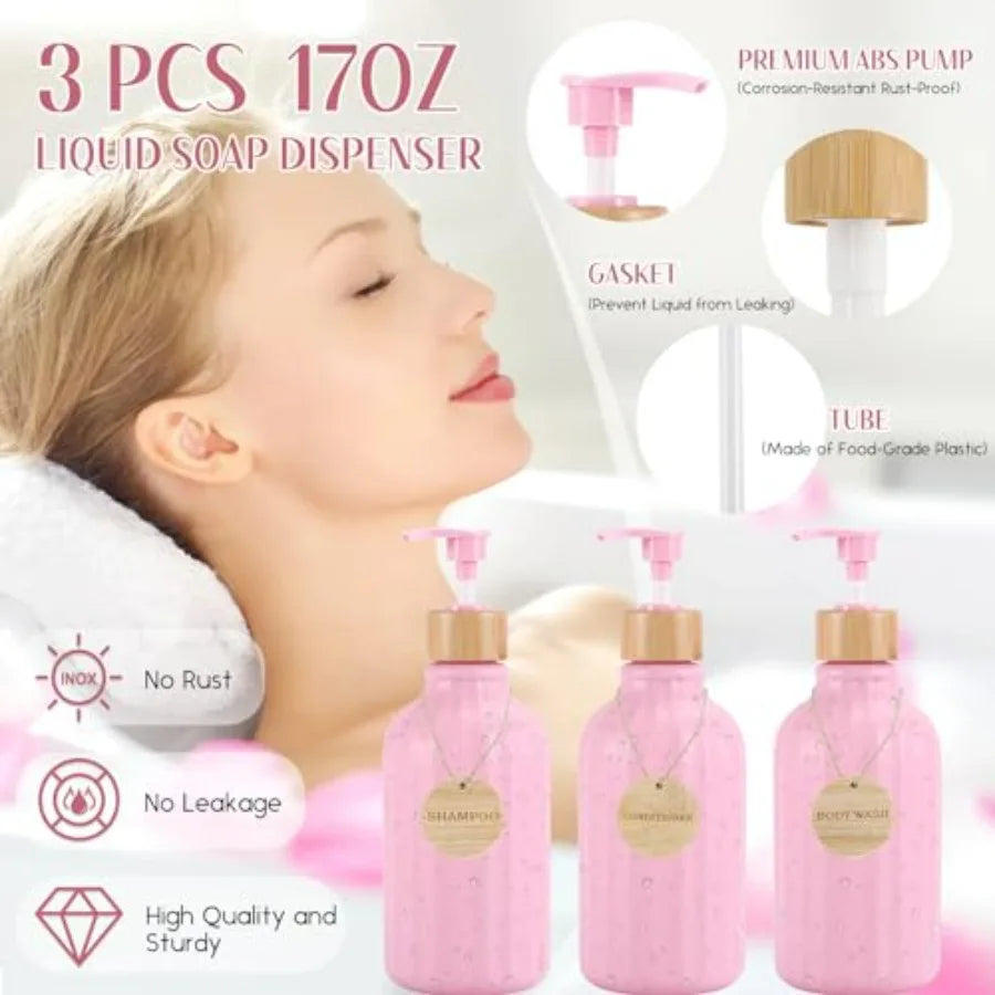 32PCS Pink Bathroom Accessories Set with Shower Curtain Rugs 3PCS Lotion Soap Dispenser 6PCS Wood Tags Bath Accessories with Tr