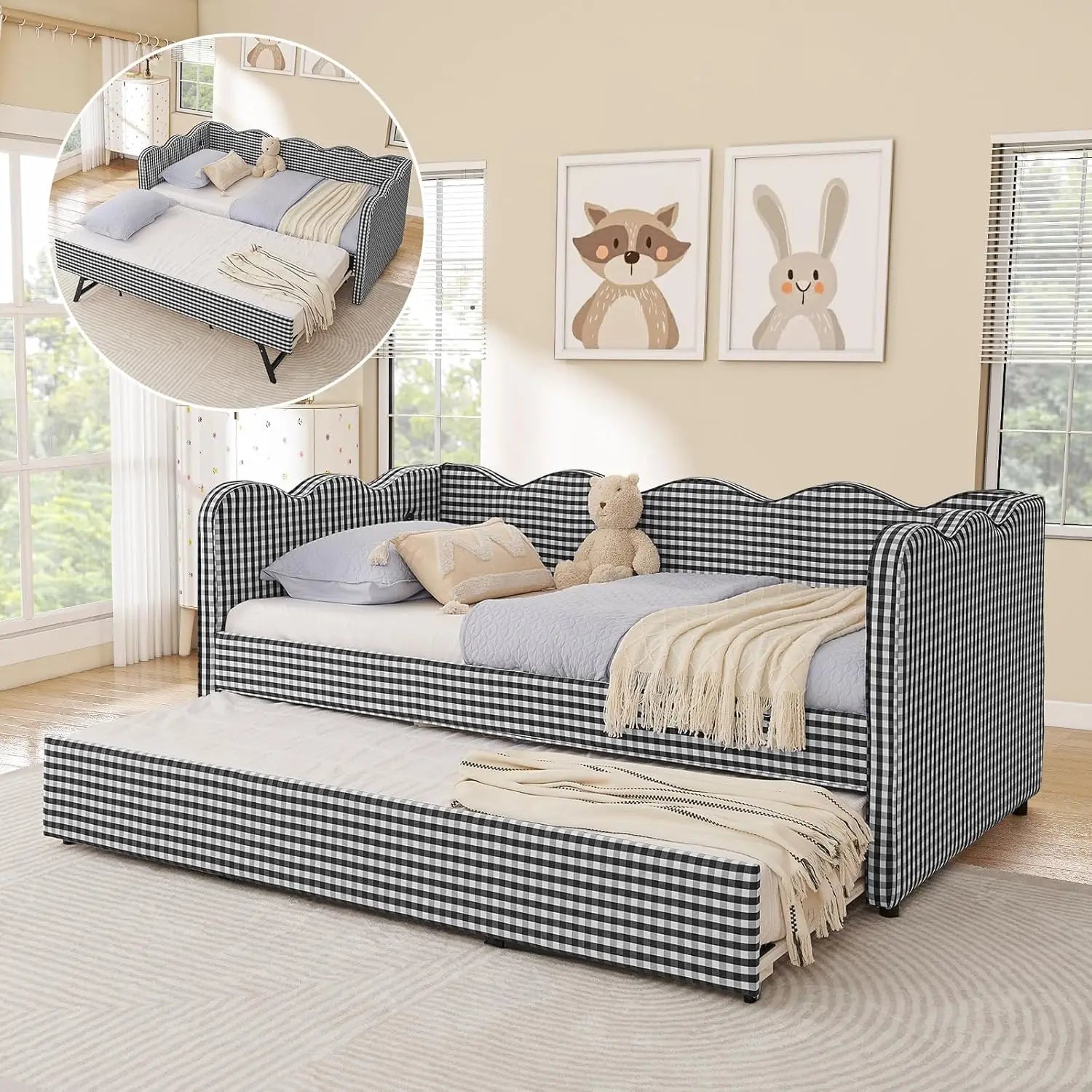 Twin Daybed Pop Up Trundle Linen Upholstered Convertible Sofa Bed Guest Room No Box Spring Customized