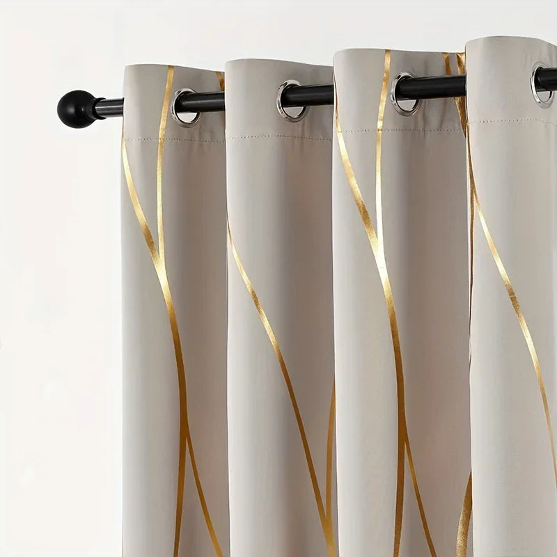 2Pcs Golden Wave &amp;Circle Blackout Curtains Thermal Insulated Light Filtering Drapes with Grommet Top  Living Room Bedroom